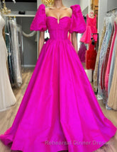 Square Neck Fuchsia Puff Sleeves A-Line Semi Formal Prom Dress